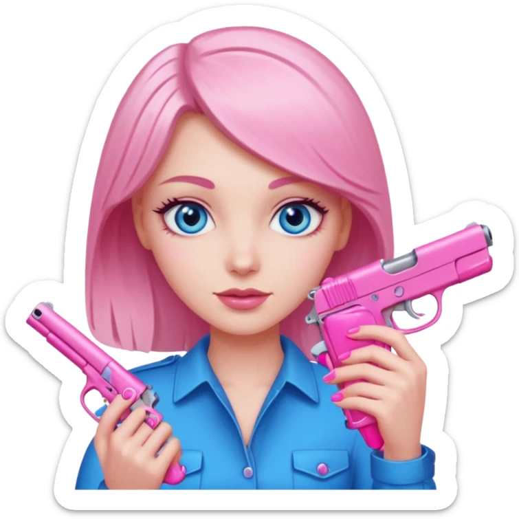 white girl with blue eyes, pink fingernails, holding a pink gun sticker