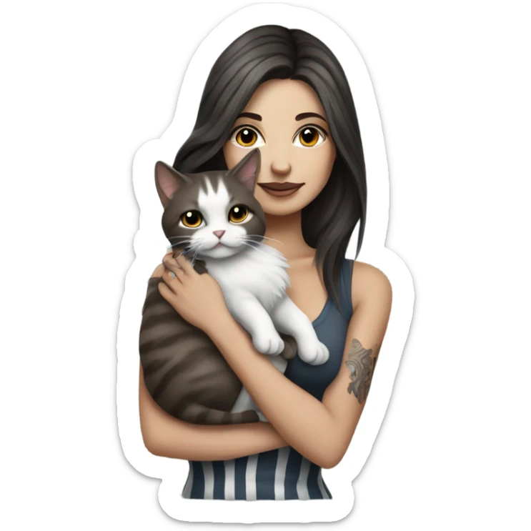 Beautiful dark brown haired tattooed woman holding gray and white striped long hair cat sticker