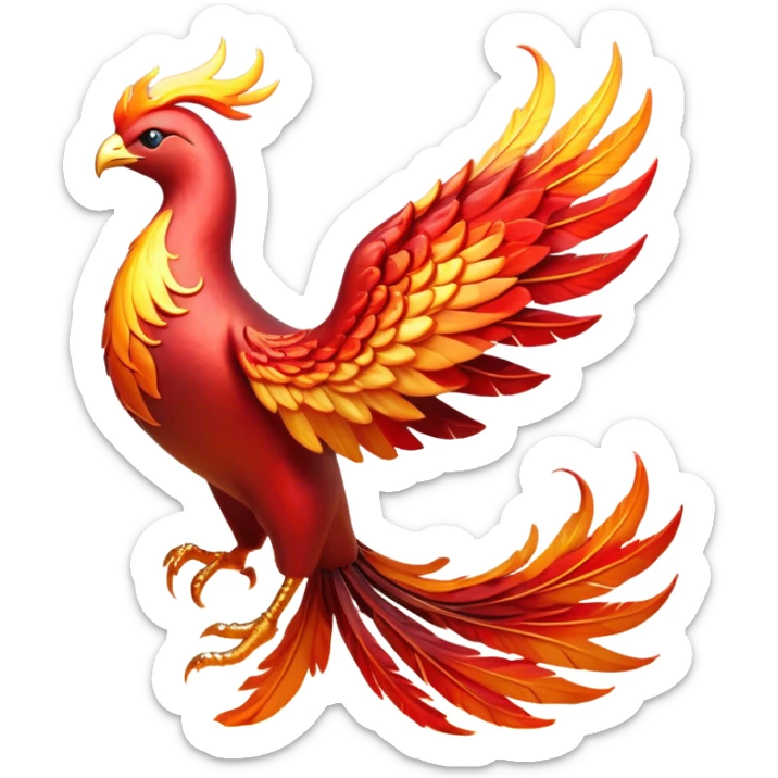 Cinematic Noble fierce & powerful Fire Phoenix Portrait Emoji, Poised and resplendent, with a radiant, fiery plumage in brilliant hues of scarlet, gold, and ember, featuring elongated, elegant tail feathers that flow like molten lava, and piercing, wise eyes reflecting the eternal cycle of rebirth; rendered with lifelike texture and luminous natural highlights, high shine, majestic and awe-inspiring, styled with an aura of mythic resurgence, focused and regal, soft glowing outline, capturing the essence of a legendary phoenix rising from the flames with timeless grace! sticker