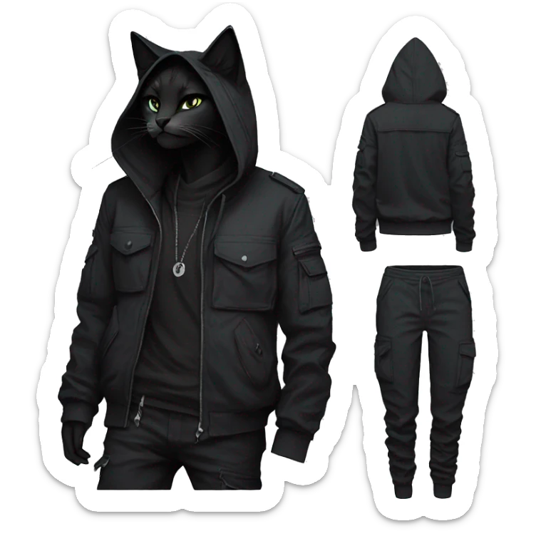 Edgy Anthro cool pretty dark cat-fursona techwear cargo pants hoodie sticker