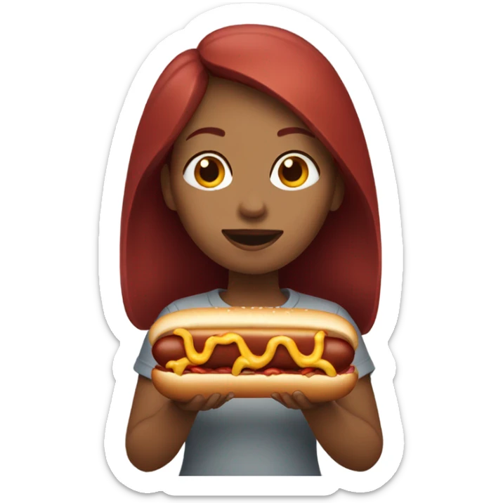 Girl with dark red hair eating a hotdog sticker