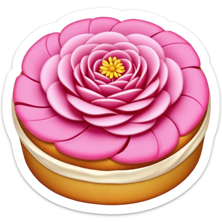 Yunnan Rose Cake with visible flower petals in pastry, simplified emoji style with bold outlines and bright colors, cartoon style floral sweet snack sticker