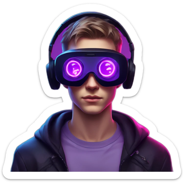 Russian young man wearing a black hoodie with "OMG" letters on it and VR headset in a cyberpunk VR environment with violet neon lighting. sticker