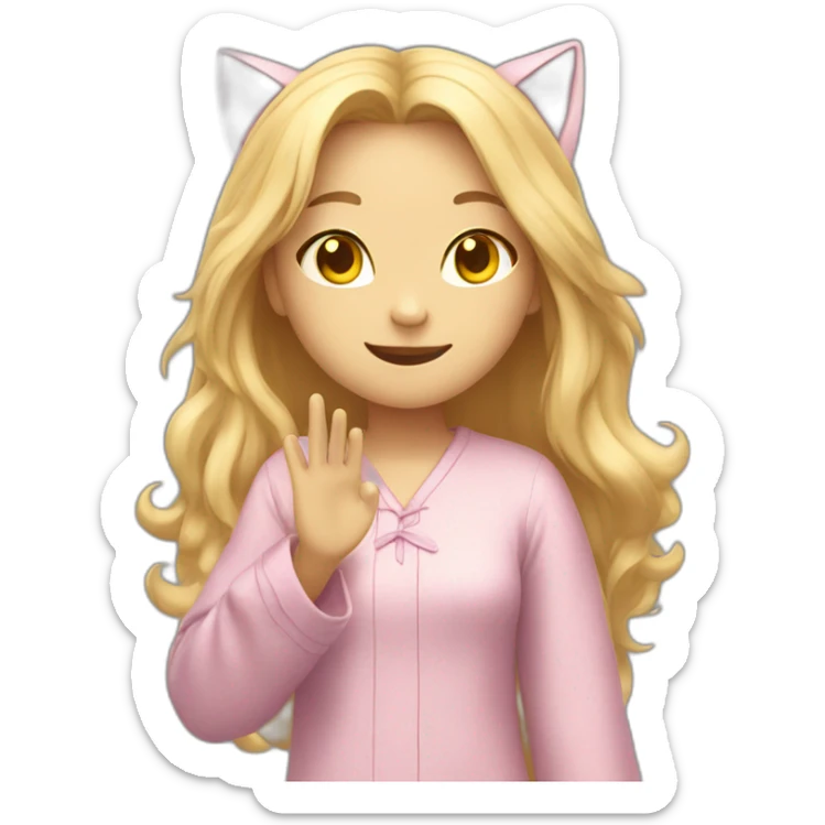 Catgirl with long blond hair yellow eyes in Choral pajamas waving sticker