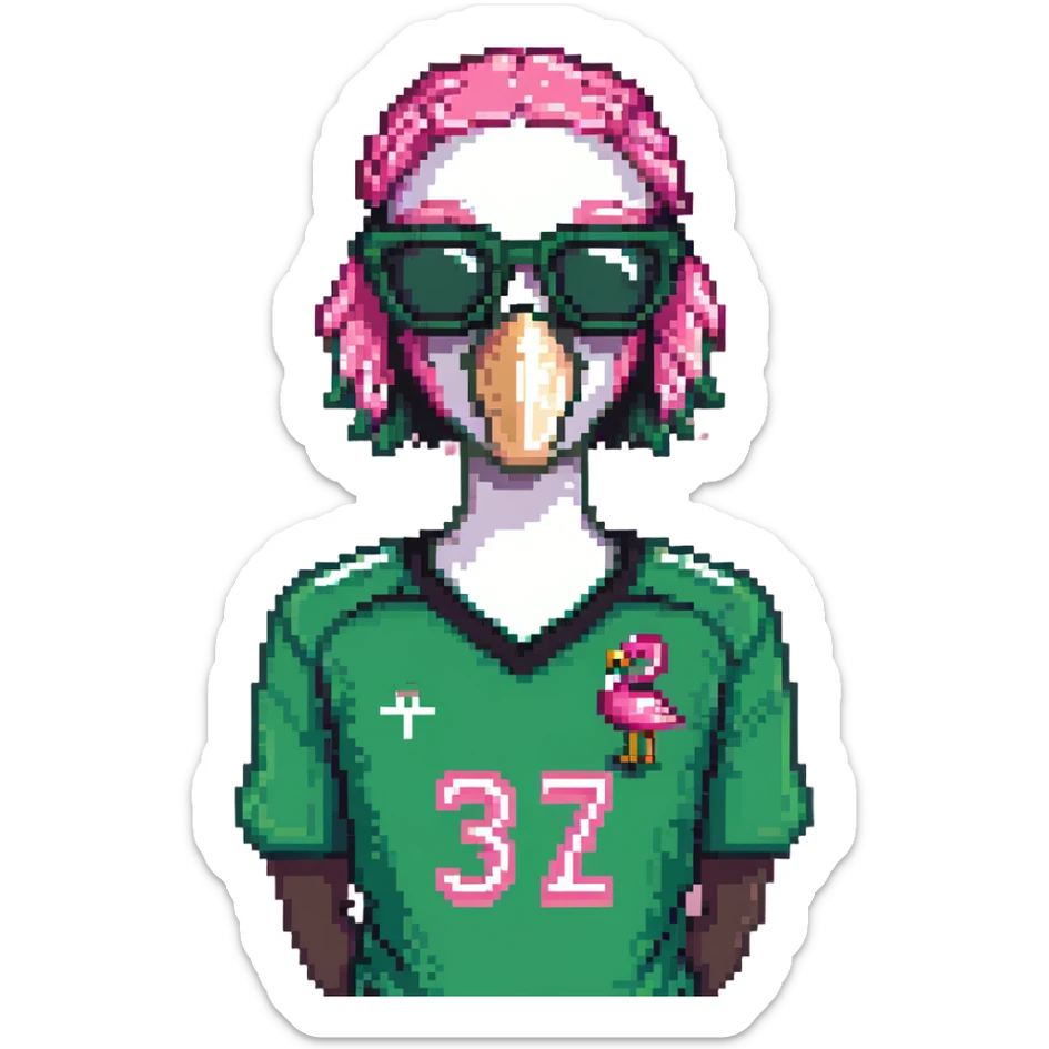 flamingo soccer player wearing sunglasses and a black and green jersey sticker