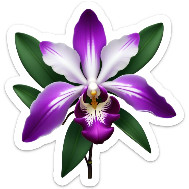 Cinematic Realistic Orchid Emoji, Exotic and elegant, with intricate, velvety petals in deep purple and white, forming a delicate and symmetrical blossom. The slender green stem holds the flower high, while surrounding leaves add lush contrast. Soft glowing outline, capturing the essence of rare beauty and sophistication in a captivating orchid. sticker