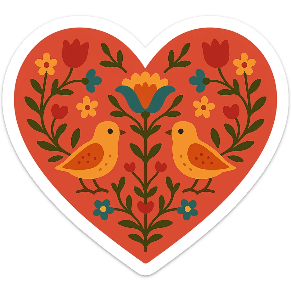 Red heart with Slavic folk art nature motif, featuring stylized flowers, birds, and vines, ornate and colorful, inspired by Eastern European embroidery, with transparent background. sticker