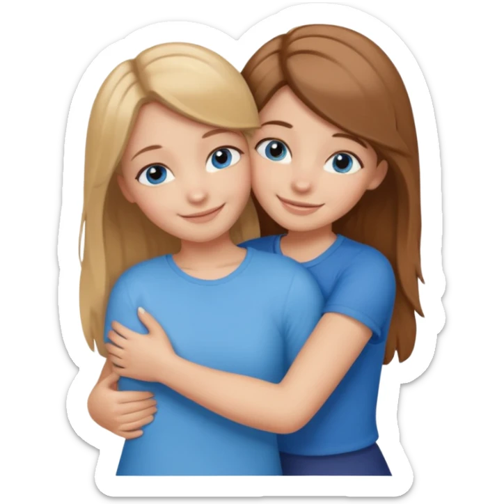 two Girls, Brown and Blonde hair, with Blue Eyes hugging one has Brown hair cute Hug  sticker