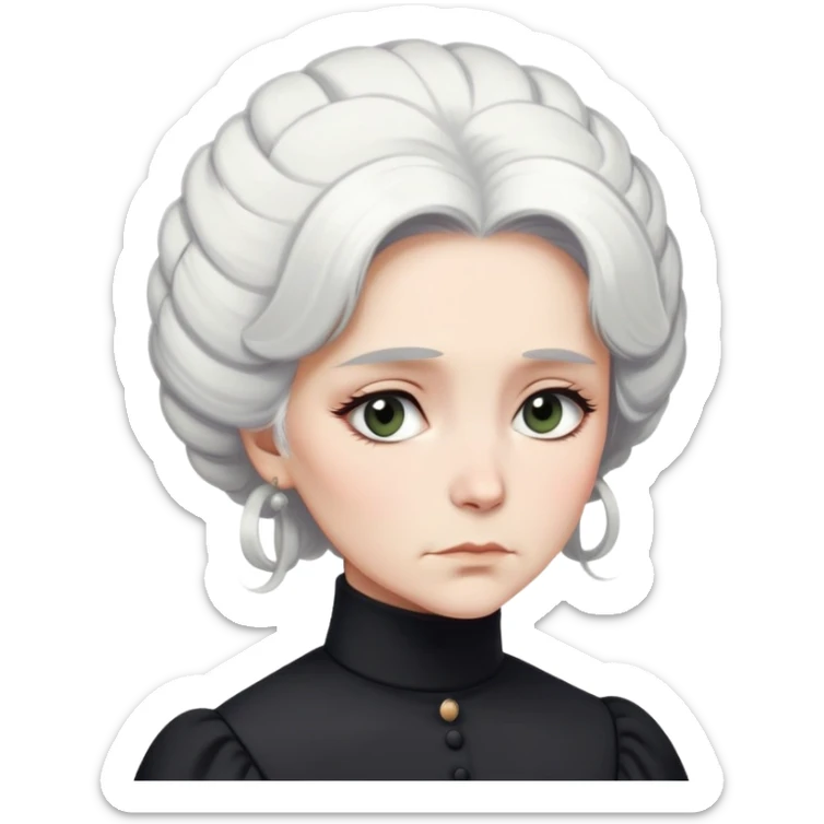 A Victorian woman with simple yet elegant coiffed white hair and light eyes wearing a modest unadorned monochrome black turtleneck mourning dress with puff sleeves looking down with a forlorn expression sticker