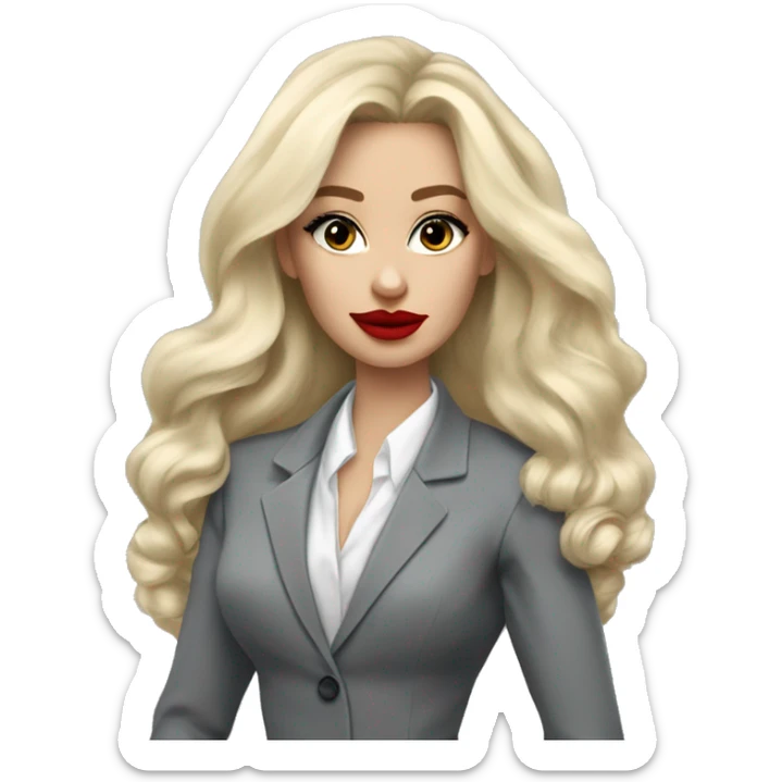 Russian Blonde long hair with big red lips small nose and black eyes Tiffany diamond seller in a grey suit sticker