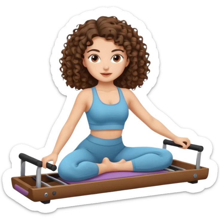 brunette,curly hair shoulder lenght,turkish 3b girl doing reformer pilates with cute set, sticker