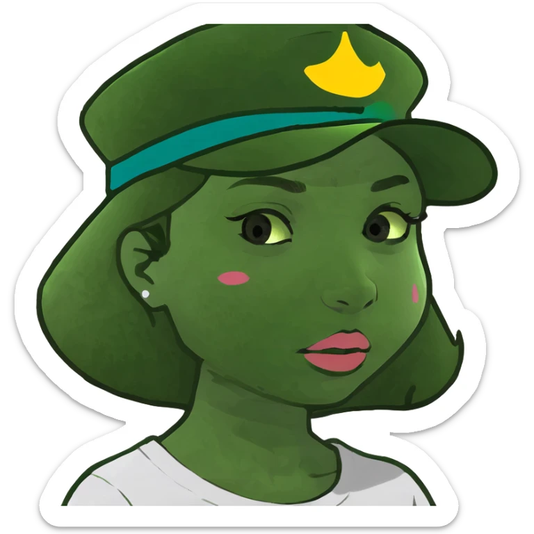 A brunette girl with light skin and brown eyes , rosy lips and cheeks and white T-shirt sticker