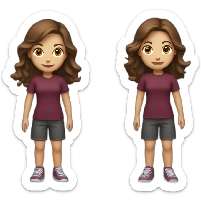 girl with shoulder-length brown hair with a phone in her hand in a burgundy T-shirt sticker