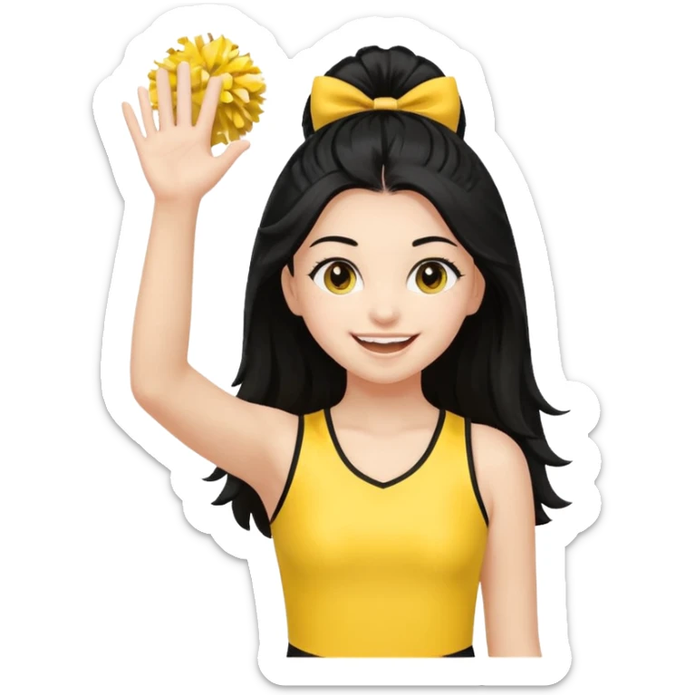 A long black hair teen girl waving pom-poms, eyes sparkling with excitement, yellow cheer leader top sticker