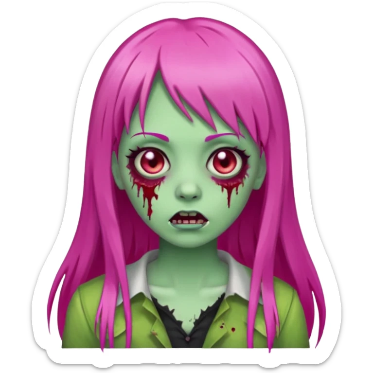 Create a female zombie emoji with long, straight hair in hot pink and bangs. sticker