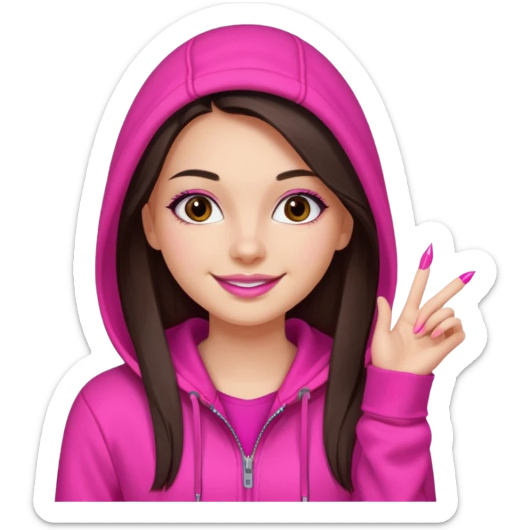 generate a pretty fair bratz girl with dark brown eyes, dark brown hair straight long. Wearing a hot pink zipper hoodie, pink lipgloss sticker