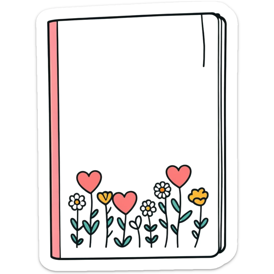 A closed journal book with Doodles of hearts and flowers drawn on the front cover, Digital watercolor illustration, isolated die cut sticker. 8k sticker