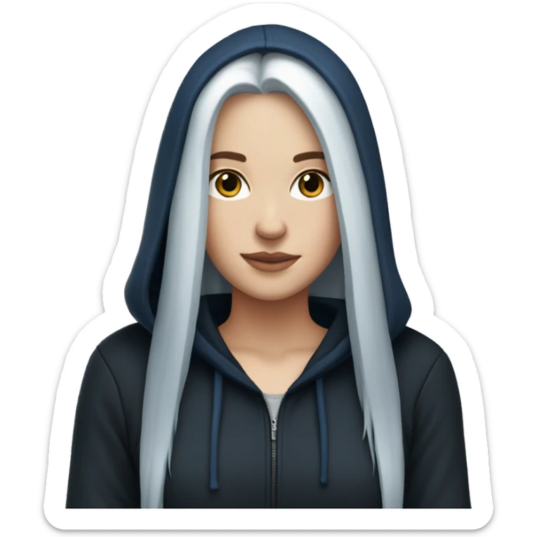 white girl with long straight dark blue hair wearing black hoodie sticker