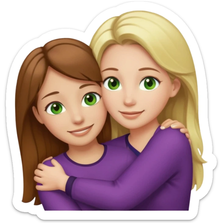Maman avec les cheveux marrons les yeux marrons et la peau blanche, la fille avec les cheveux blond les yeux verts et la peau blanche, qui se font un câlin  sticker