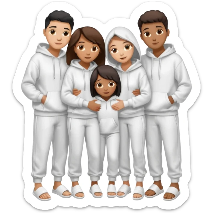 four mixed race friends all wearing white oversized hoodies, white sweatpants, and white slides huddled together hugging sticker