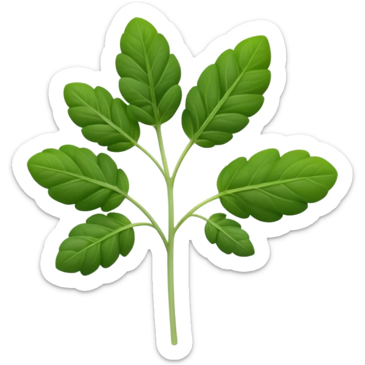 small sprig of fresh oregano with oval slightly fuzzy green leaves on thin tender stems, leaves clustered and layered with subtle natural curves and soft midrib veins, color ranges from vibrant to muted green, no pot scissors or extras, apple emoji style, soft lighting, subtle shadows, emoji scale sticker