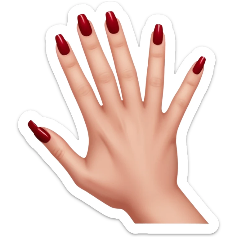 left hand of a woman with all five fingers painted in dark red nail polish, glossy finish, deep saturated red, smooth gradient, minimal details, clean and shiny
 sticker