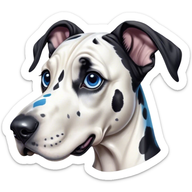 Cinematic Cute Harlequin Great Dane Portrait Emoji, Head tilted playfully and inquisitively, featuring a glossy coat of predominantly white with dynamic black patches, round, sparkling blue eyes filled with gentle curiosity, Simplified yet irresistibly adorable features, highly detailed, glowing with a warm, friendly glow, high shine, affectionate and gentle, stylized with a touch of whimsy, bright and endearing, soft glowing outline, capturing the essence of a mischievous yet loving pup, so playful it feels like it could lumber out of the screen and into your arms! sticker