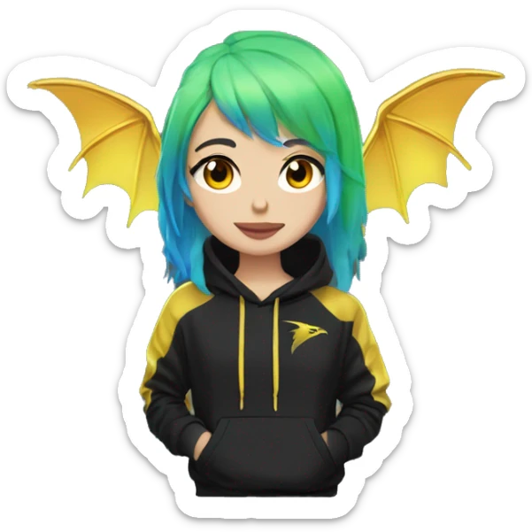 Lady with brunette and iridescent blue hair, gold, lime green dragon wings, black hoodie, bleach dyed, black and gold Nike t shirt, and bright red eyes sticker