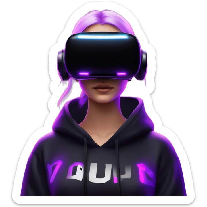 Russian girl wearing black hoody with violet letters "OMG", in vr headset oculus quest2. Standing like jedi. Cyberpunk style. Violet neon. sticker
