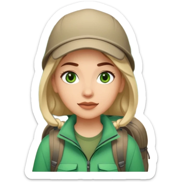 woman hiking in the woods in the sunshine. light face and green eyes. sticker
