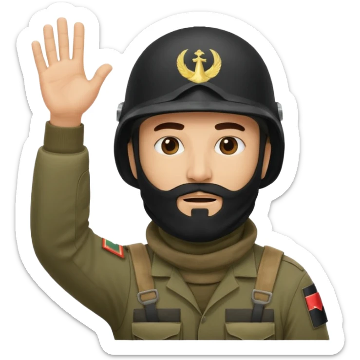 surrenders, depicts an Iraqi soldier from 1980, with a beard, in a helmet, with a balaclava, with a sad face and raised hands sticker