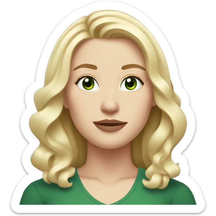 A strong white woman with bright green eyes, asymmetrical, wavy blonde hair, medium length, soft pink lips with a mole underneath her chin ￼ sticker