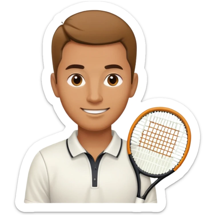 caramel brown Chindian male tennis coach, short straight hair with widow's peak, oval face, small eyes, smiling sticker