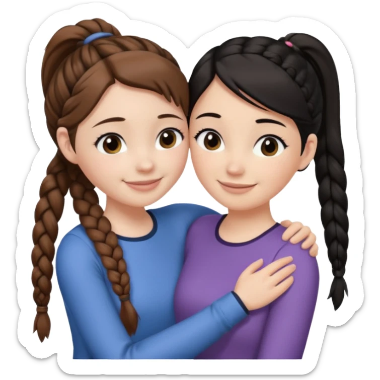 Comforting Hug two white skin women, one shorter woman with brown hair in simple top ponytail, not braided, and one taller woman with black hair in long side braid sticker