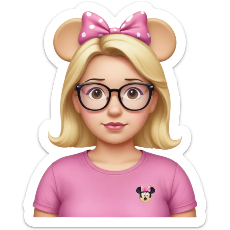 Thick Woman pink T-shirt Hazel eyes glasses blonde hair Minnie mouse ears sticker