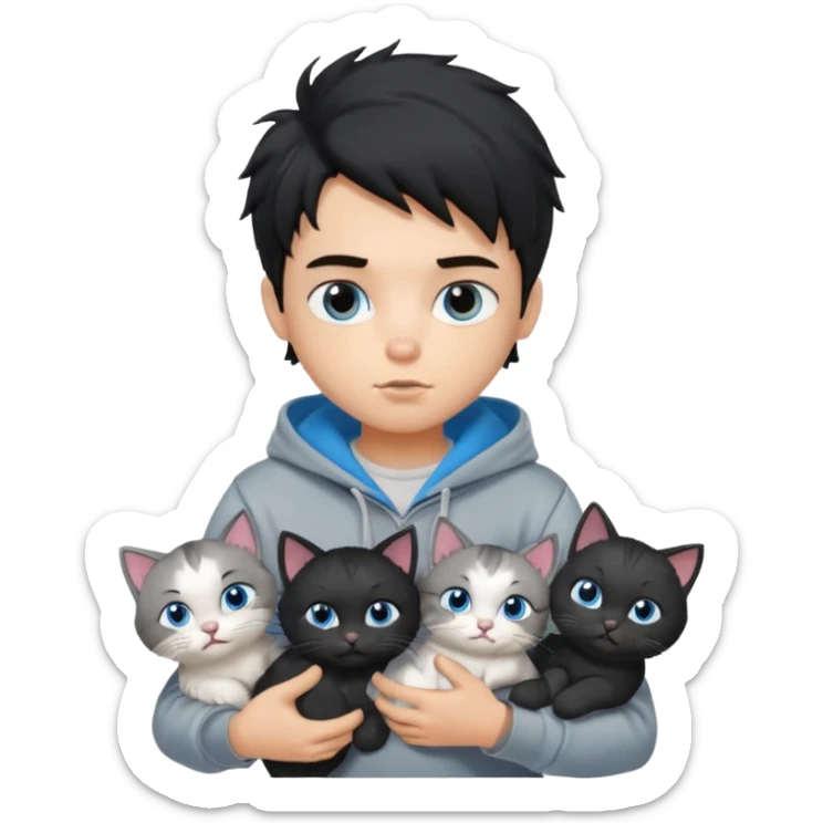 generate a pretty fair bratz boy with black messy hair holding 3 cats.  Wearing a grey hoodie sticker