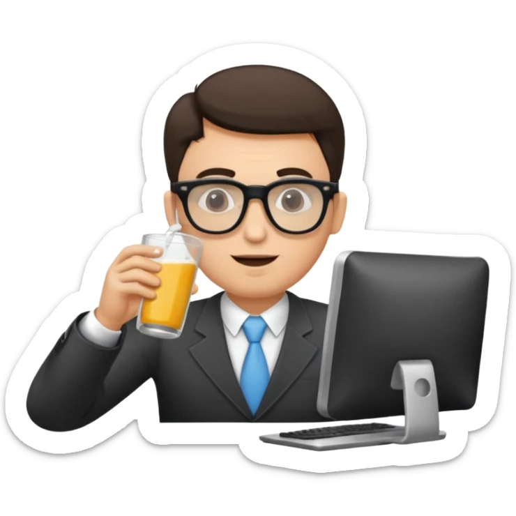 Hombre blanco con gafas tomando un refresco frente a un ordenador sticker