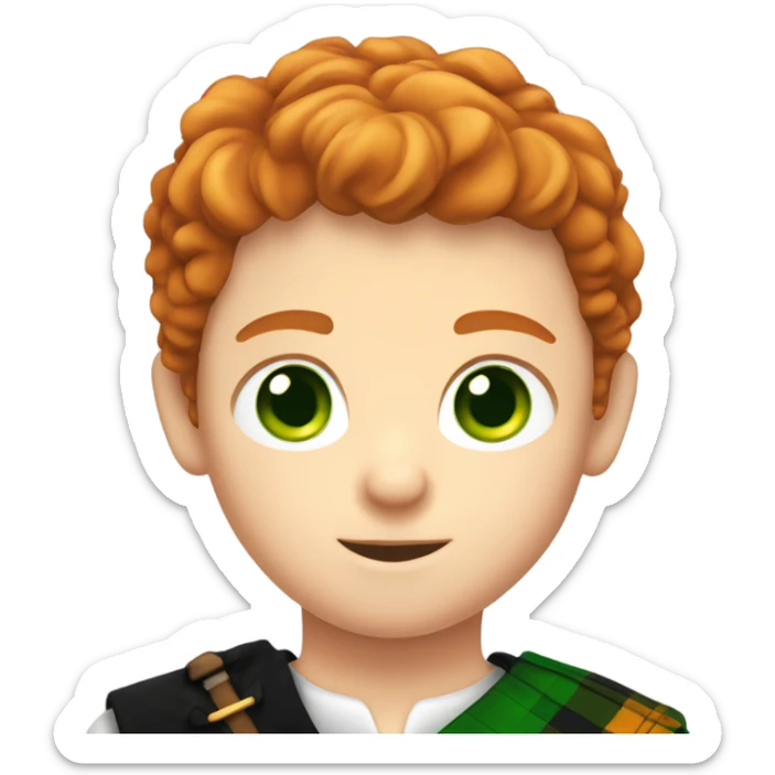 A Scottish male kid with a kilt, he has ginger hair and green eyes he also is wearing a sporran  sticker