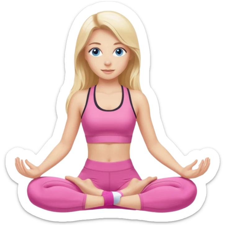  long blown out blonde hair woman blue eyes wearing pink workout set doing pilates sticker