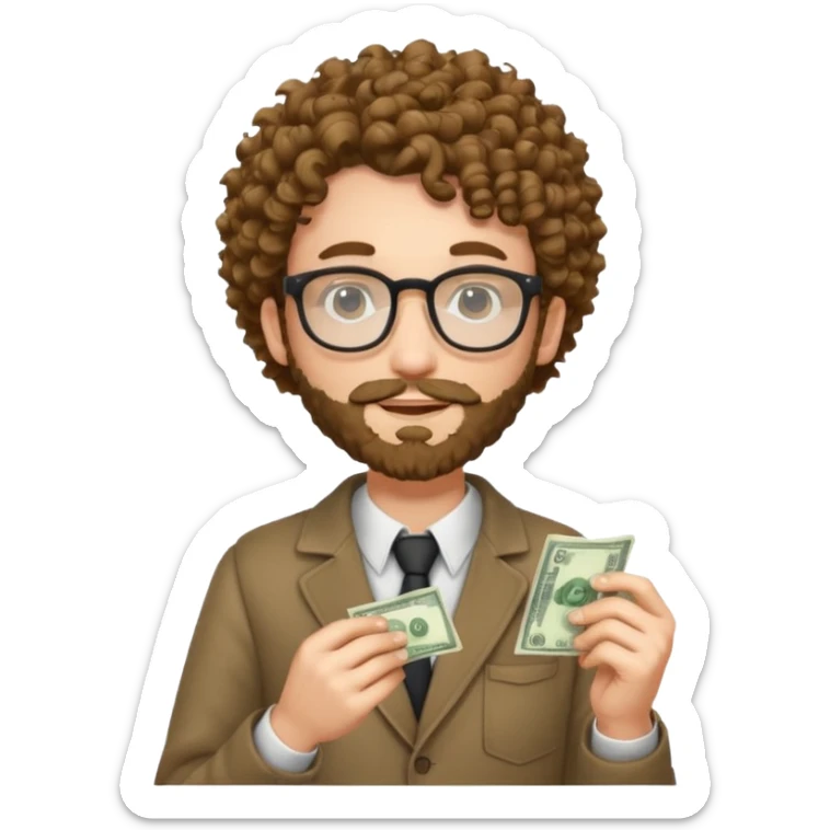 curly skinny guy with bear with glasses, with some money in the hands sticker