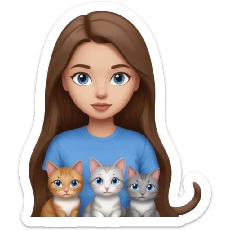 a pretty bratz dusky light skin girl with long brown hair, blue eyes with six cats nd wearing a grey tshirt sticker