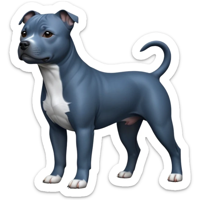 cinematic-[Staffordshire bull terrier]-realistic-full-body-standing-emoji,-tail-resting-loosely-beside-its-paws,-head-tilted-dramatically, -sleek-[dark blue grey]-fur,-simplified-yet-realistic-focused-features,-highly-detailed,-glowing-with-an-almost-sarcastic-glow sticker