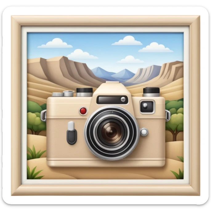 A beige camera and next to it a landscape photograph of the frame behind the camera sticker