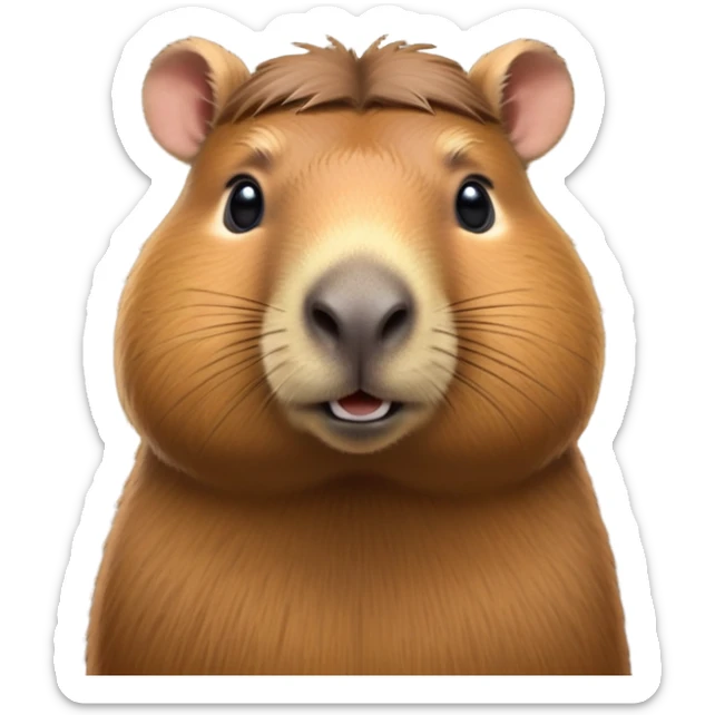 cinematic-noble-capybara-portrait-emoji,-poised-and-serene,-with-a-robust,-rounded-build-covered-in-soft,-earthy-fur-and-gentle,-wise-eyes,-simplified-yet-sharp-and-sophisticated-features,-highly-detailed,-glowing-with-a-warm,-natural-glow -simplified-yet-realistic head tilted confidently staring at the camera in a comical way sticker