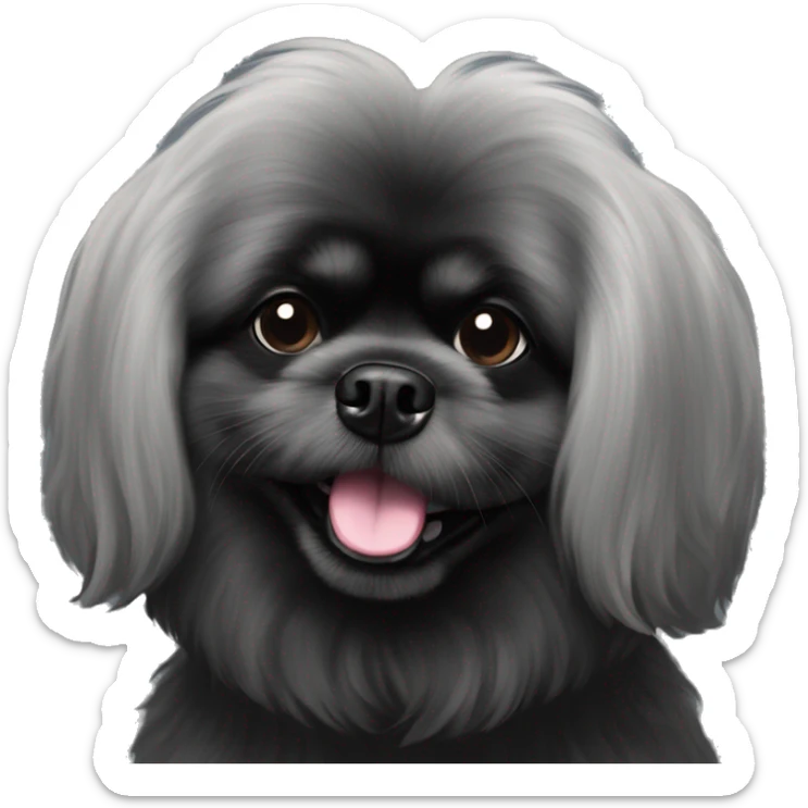 Pekingese poodle mix. All black in color everywhere. No other color. Extreme underbite with teeth showing  sticker