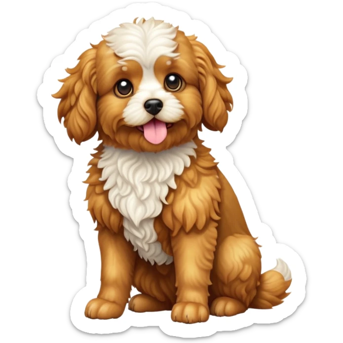 cinematic-[cavoodle dog]-realistic-full-body-sitting-emoji,-tail-resting-loosely-beside-its-paws,-head-tilted-dramatically,-curly-[solid golden]-fur that looks like fried chicken,-simplified-yet-realistic-focused-features,-highly-detailed,-glowing-with-an-almost-sarcastic-glow sticker