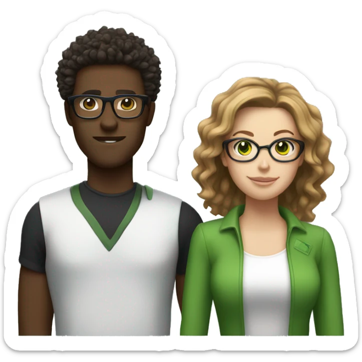 black male with spikey hair and glasses and white female with brown wavy hair , green eyes and glasses sticker