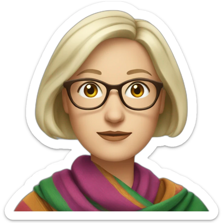white-woman-with-graying-blonde-short-bob-green-eyes-and-brown-glasses-wearing-colorful-shawl sticker
