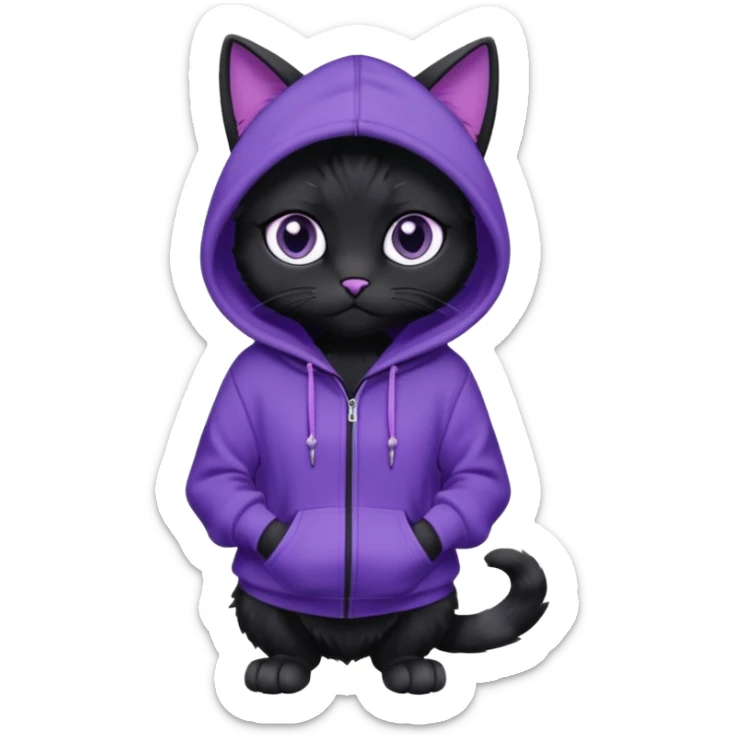 Black cat wearing a violet hoodie fursona (full body)  sticker