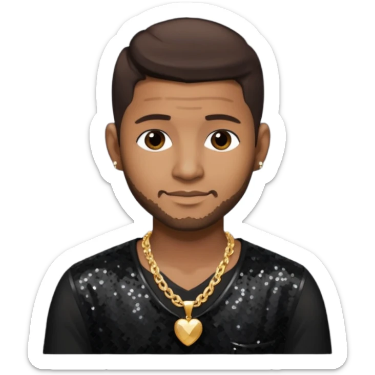Usher with dark brown hair, black sequin dress shirt with necklace and chest out sticker